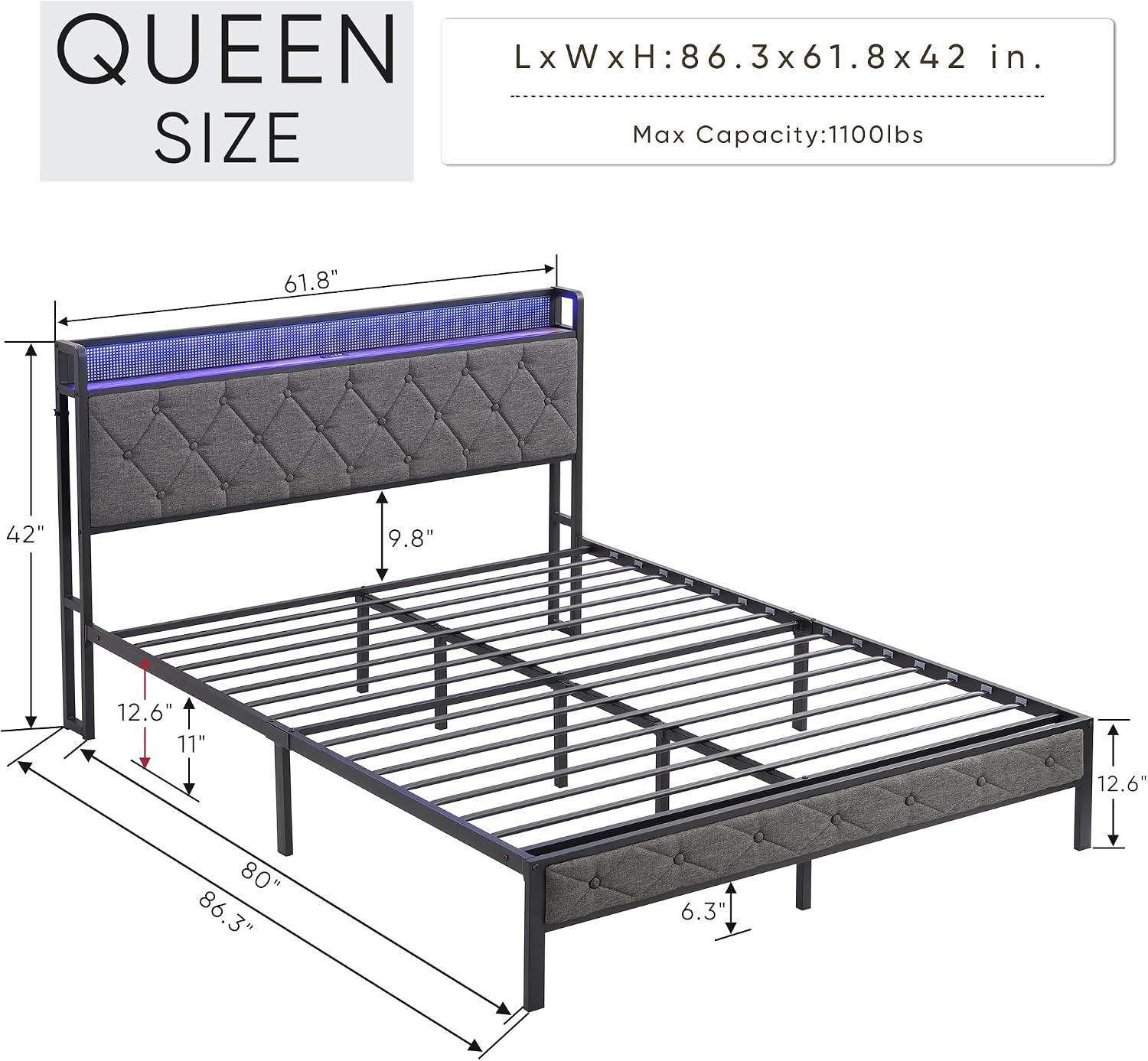Queen Size Bed Frame with Storage Headboard, Charging Station and LED Lights, Upholstered Platform Bed W/Heavy Metal Slats, Noise Free, No Box Spring Needed, Dark Gray