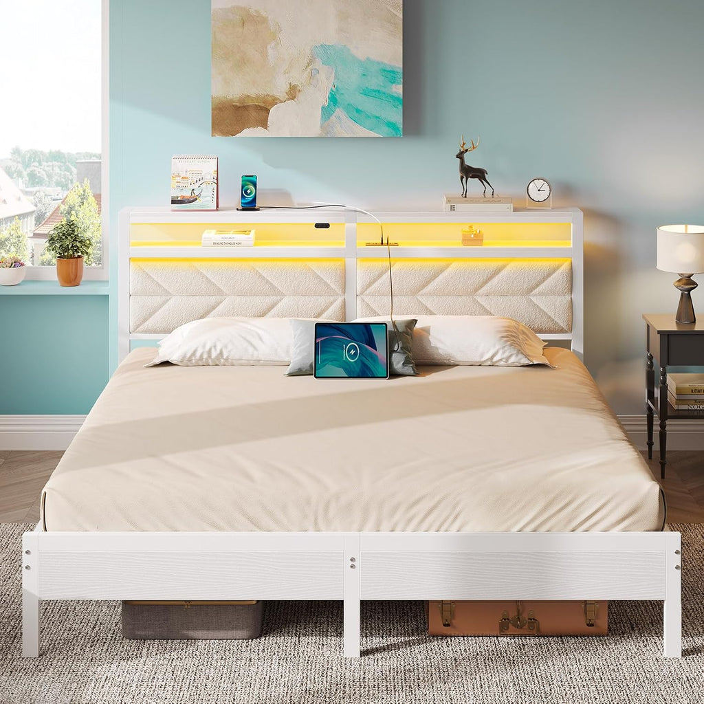 Seventable Bed Frame King Size with Charging Station, LED Bed with Upholstered Storage Headboard, Metal Platform Bed with Under Bed Storage, No Box Spring Needed, Noise Free, Easy Assembly, White