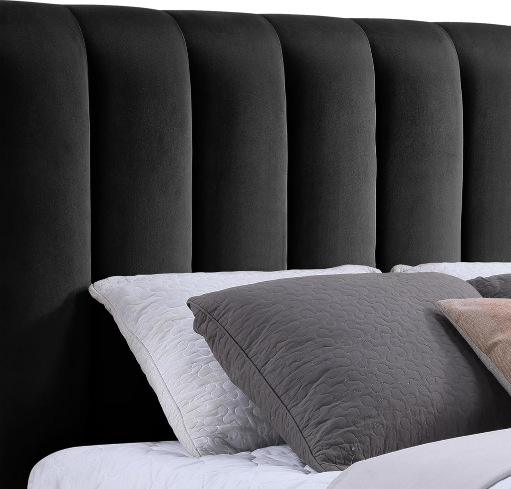 Meridian Furniture AmaraBlack-Q117 Collection Modern | Contemporary Queen Bed, Ultra Luxe Black 460 GSM Velvet, Natural Finish, Solid Wood Base and Inner Frame, 117' W x 99' D x 51' H, Black, Queen
