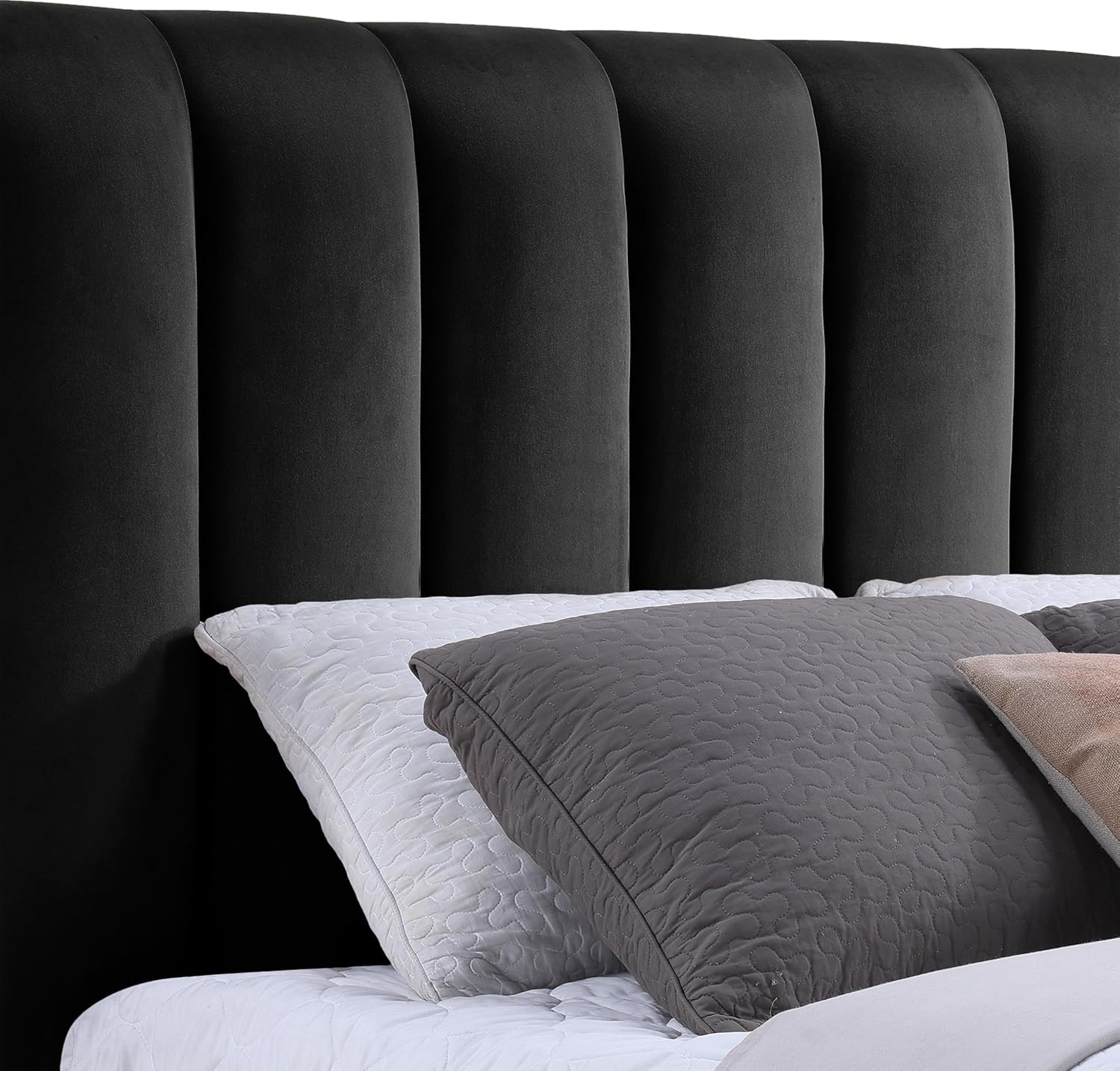 Meridian Furniture AmaraBlack-Q117 Collection Modern | Contemporary Queen Bed, Ultra Luxe Black 460 GSM Velvet, Natural Finish, Solid Wood Base and Inner Frame, 117' W x 99' D x 51' H, Black, Queen