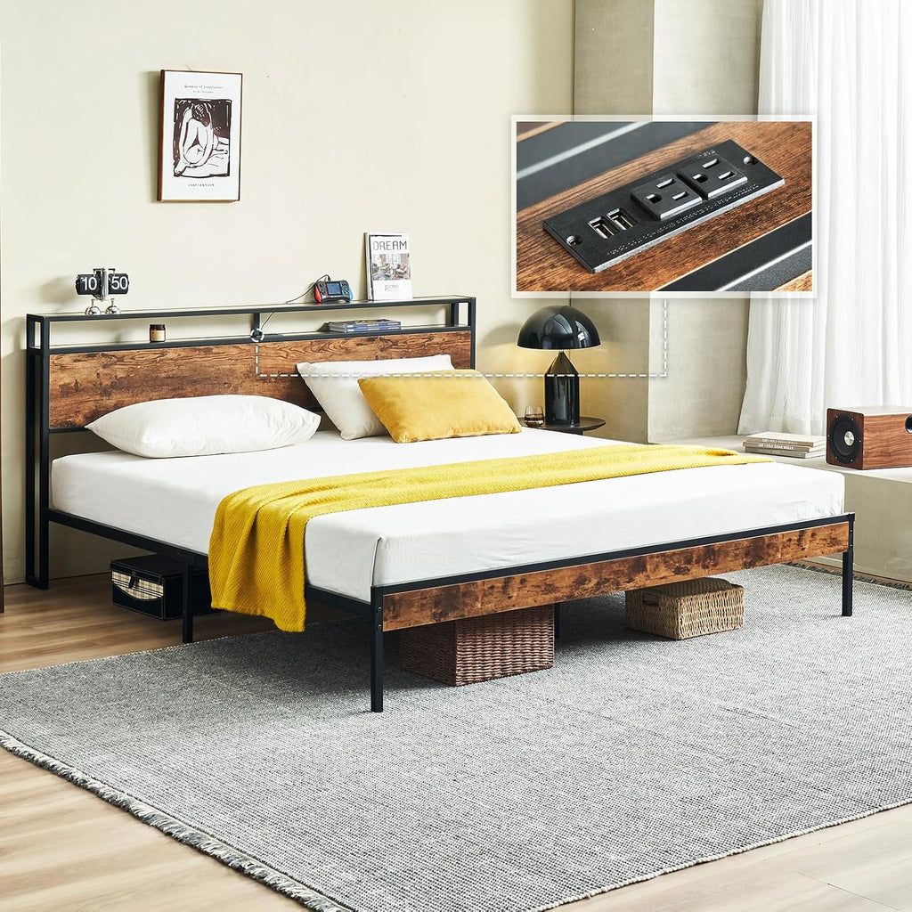 King Bed Frame with Headboard, Metal Platform Bed Frame King Size with Charging Station, 2-Tier Storage Headboard, No Box Spring Needed, Easy Assembly, Brown