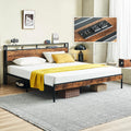 King Bed Frame with Headboard, Metal Platform Bed Frame King Size with Charging Station, 2-Tier Storage Headboard, No Box Spring Needed, Easy Assembly, Brown