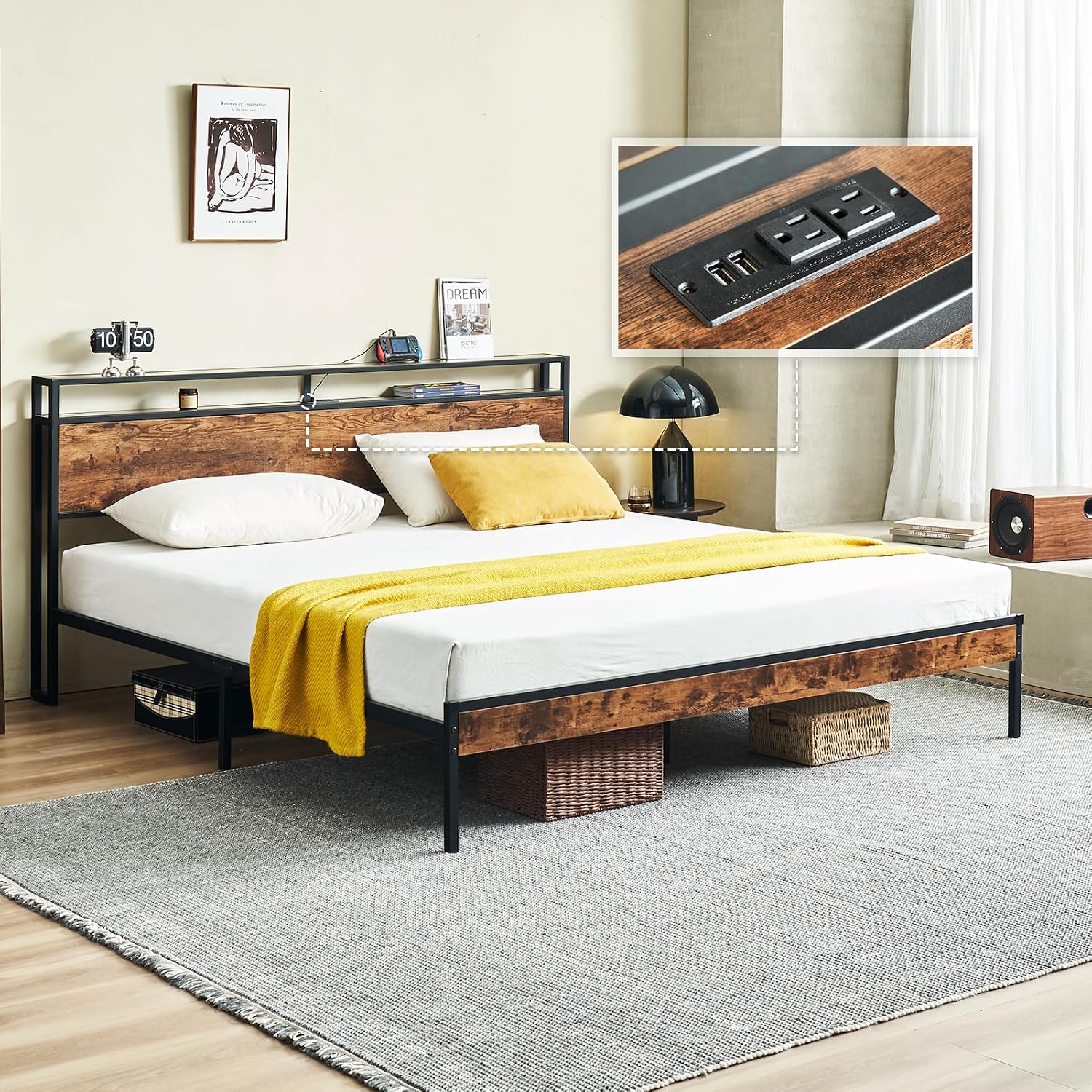 King Bed Frame with Headboard, Metal Platform Bed Frame King Size with Charging Station, 2-Tier Storage Headboard, No Box Spring Needed, Easy Assembly, Brown