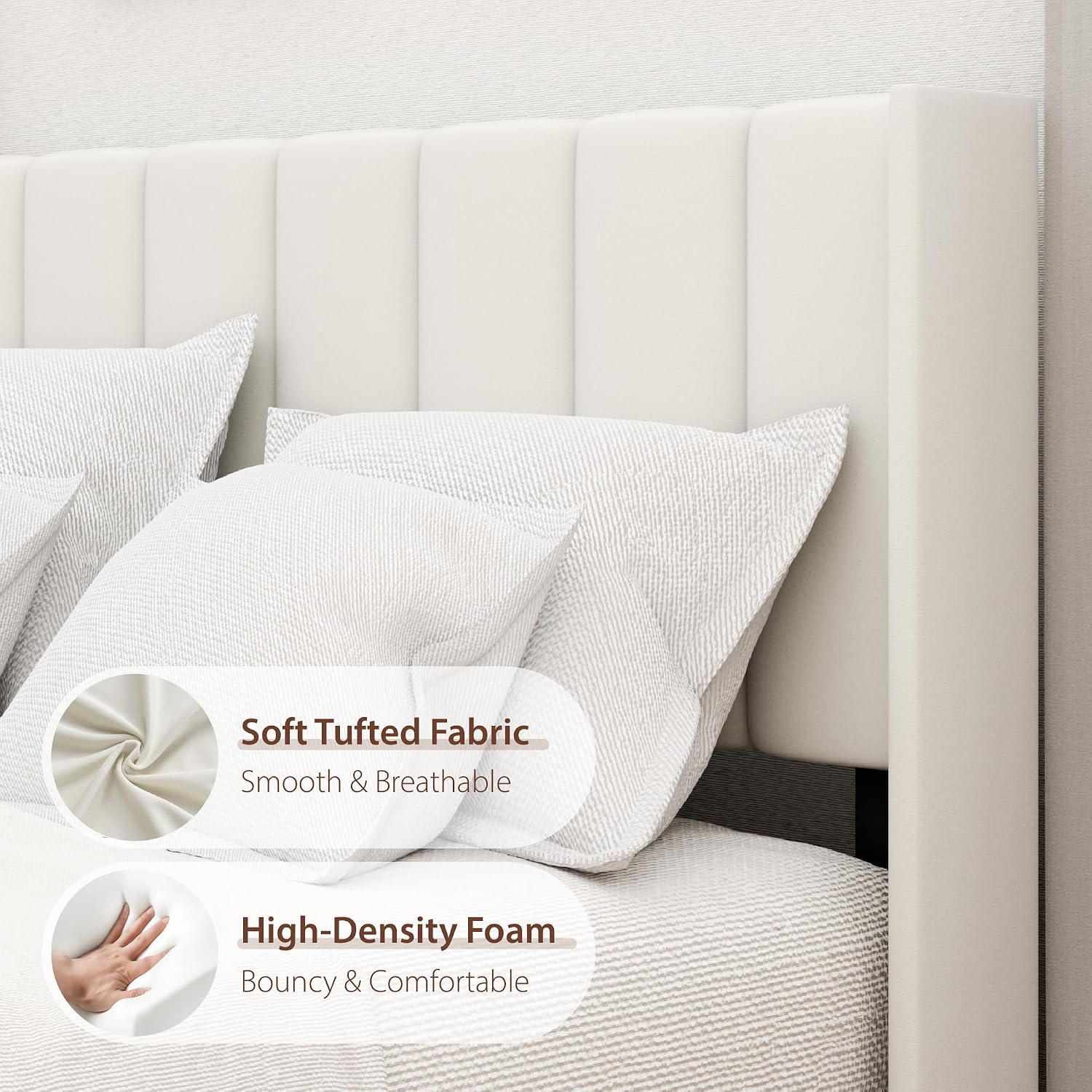 Sismplly King Size Bed Frame and Headboard,Vertical Channel Tufted Wingback No Box Spring Needed, Mattress Foundation, Easy Assembly White
