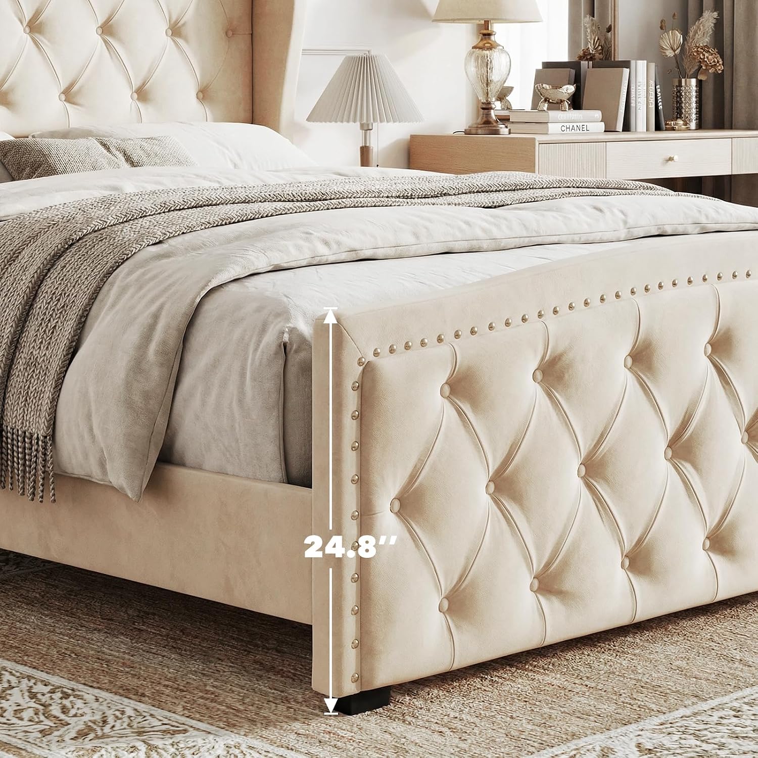 Furnihome King Size Bed Frame with 51' Tall Headboard, Velvet Upholstered Wingback Platform Design, Handcrafted Pleats& Deep Button Tufted, Solid Wood Legs, No Box Spring Needed, Beige