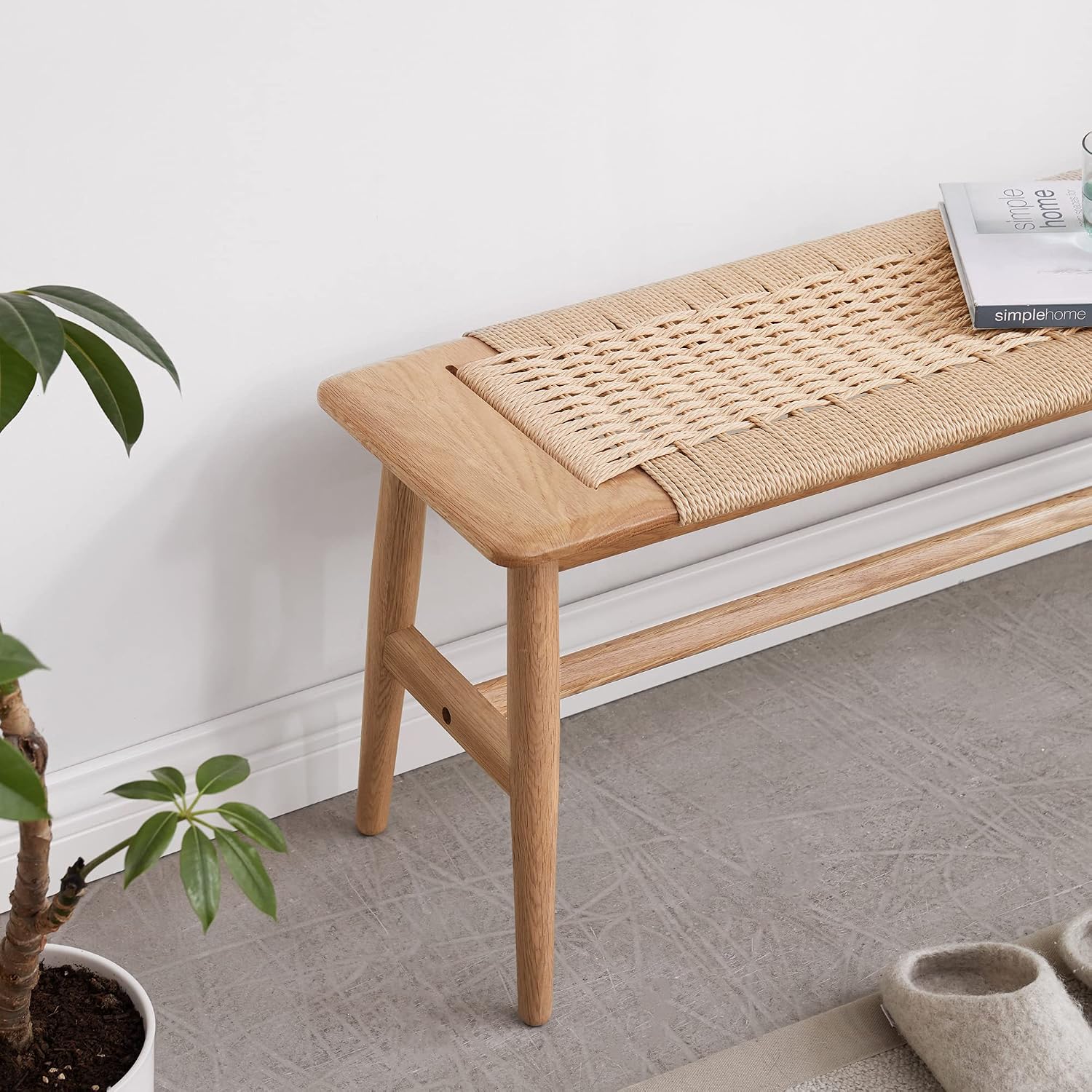100% Solid Oak Wood Dining Bench, Hand Woven Dining Bench with Trapezoid Leg, Boho Otoman Footrest for Living Room Kitchen Entryway