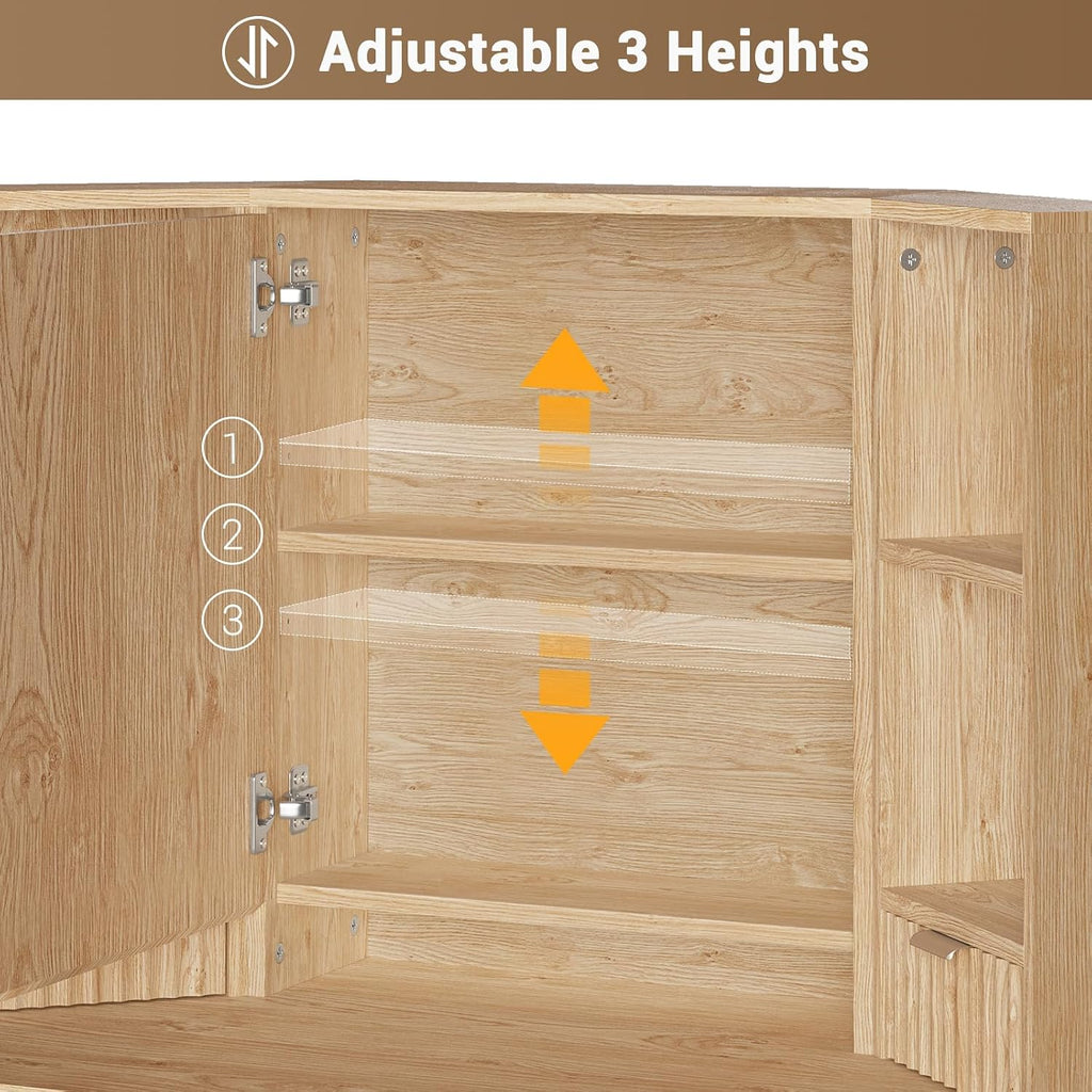 BTHFST Corner Vanity Desk with Lights and Charging Station, Makeup Vanity with Lights, Vanity Set with Mirror and Storage Stool, Makeup Table with Drawers, Rotating Shelves (Natural Oak)
