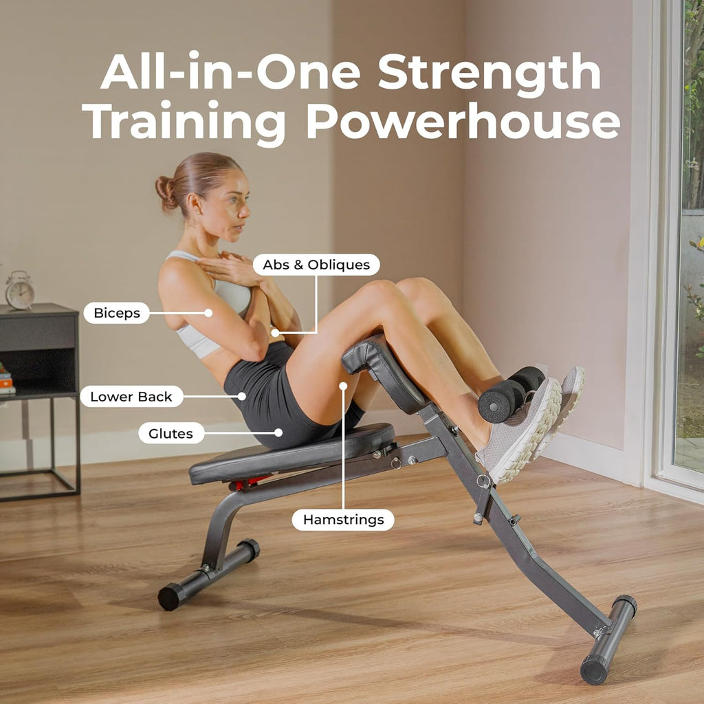 Sunny Health & Fitness Multi-Function Roman Chair with Dip Station & Sit-Up Bench, Adjustable Heavy-Duty Strength Training Equipment for Glutes, Core & Lower Body Workouts, Hyperextension Machine for Home Gym
