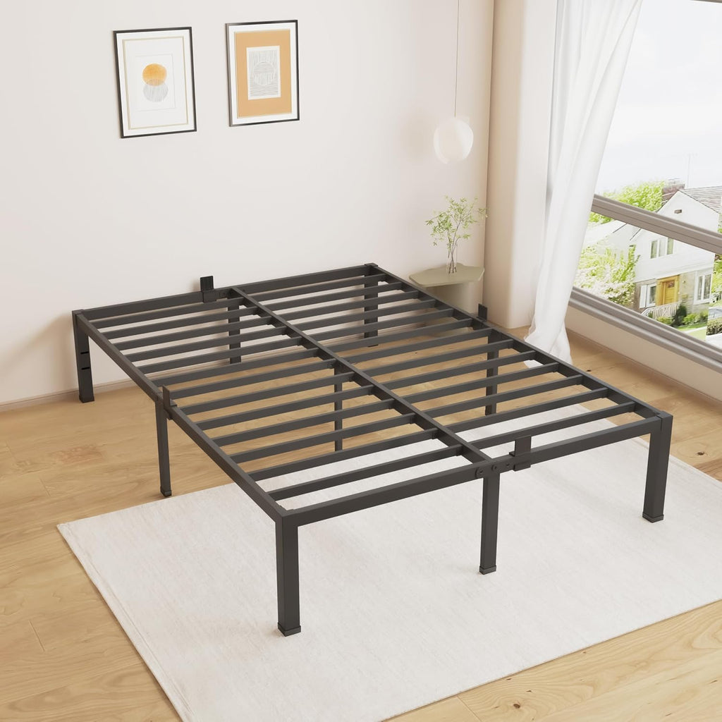 MAF 18 Inch Full Size Bed Frame No Box Spring Needed, Full Bed Frame Metal Heavy Duty Metal Platform Bed Frames Black Steel Slats Support Under-Bed Storage Space