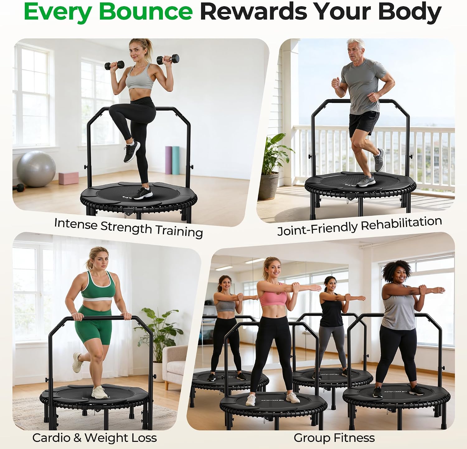 BCAN BT2 450/550LBS Mini Rebounder Trampoline for Adults with Bar, Fitness Trampoline with Bungees, Adjustable Handle, Stable & Quiet, Indoor Outdoor, Whole-Body Workout & Relaxation at Home-40IN/48IN