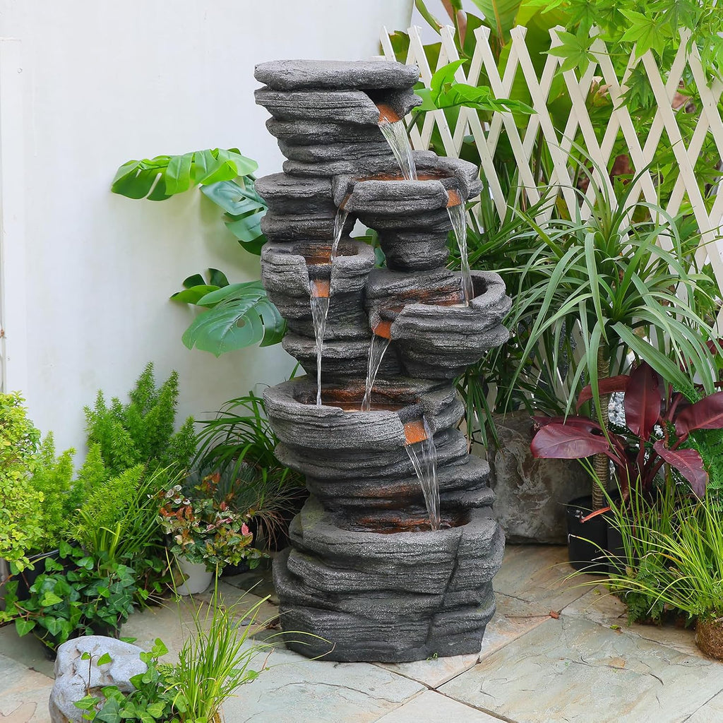 Bumilgar 42.5' H Garden Outdoor Water Fountain with LED Lights & Pump, Mutiply-Tier Cascading Outdoor Fountain for Garden,Patio,Porch,Backyard,Home Art Decor