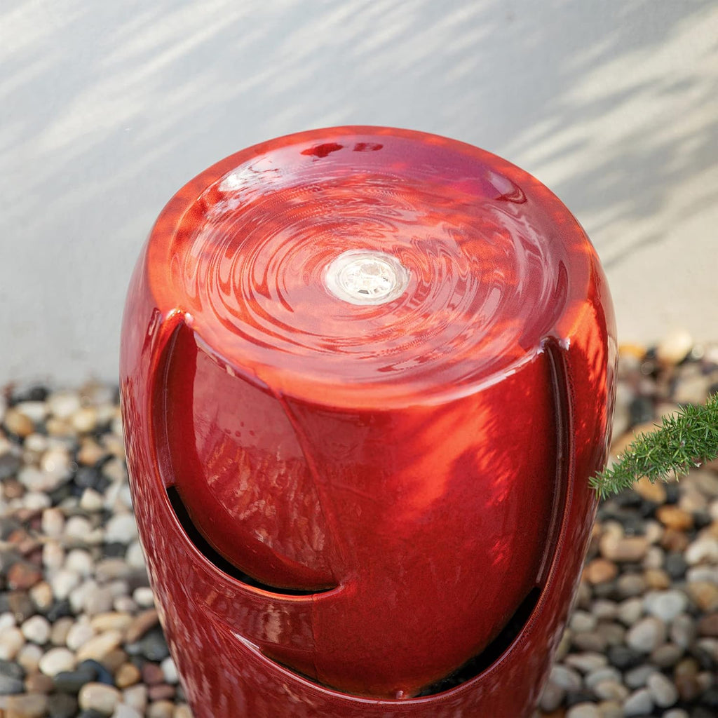 Glitzhome 21.25' H Ceramic Vase Outdoor Water Fountain Tall Patio Garden Water Fountain with LED Light and Submersible Pump Yard Art Decor, Red