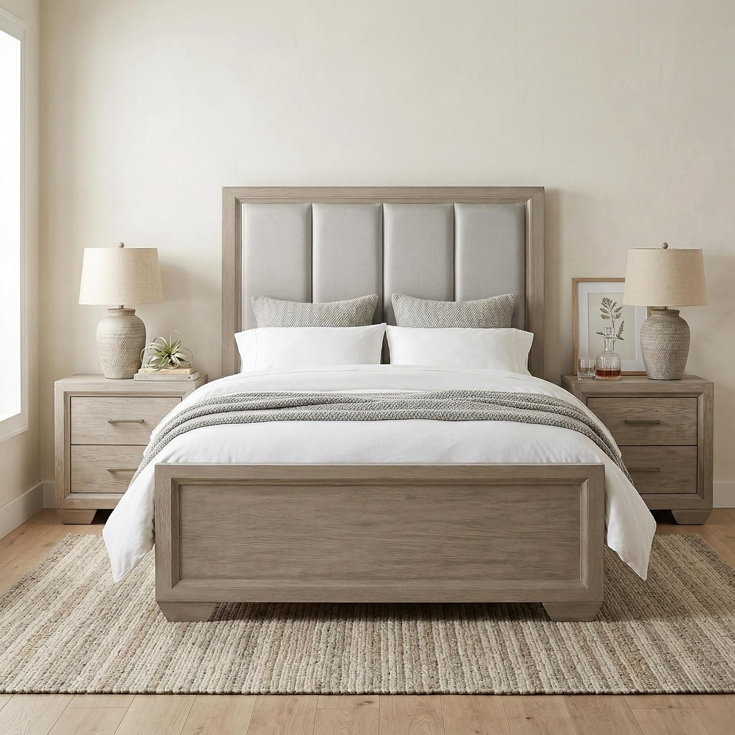 Roundhill Furniture Ennesley Gray Wood Upholstered Panel Bed, Full Size