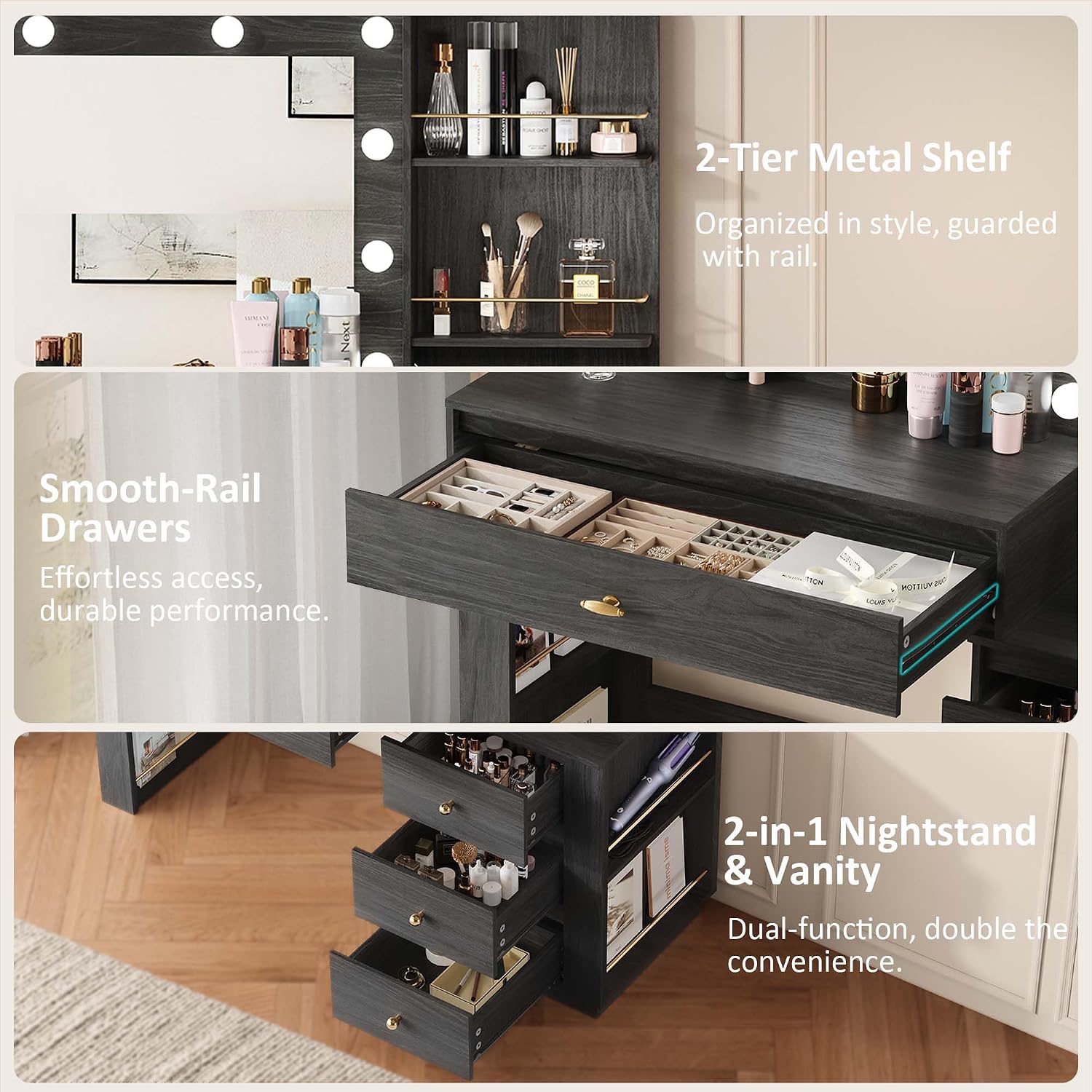 Makeup Vanity Desk with Mirror and 3 Colors Lights, Vanity Table with 10 LED Bulbs & Power Outlet, Large Dressing Table with 4 Drawers, 6 Storage Shelves for Bedroom, Women and Girls, Black