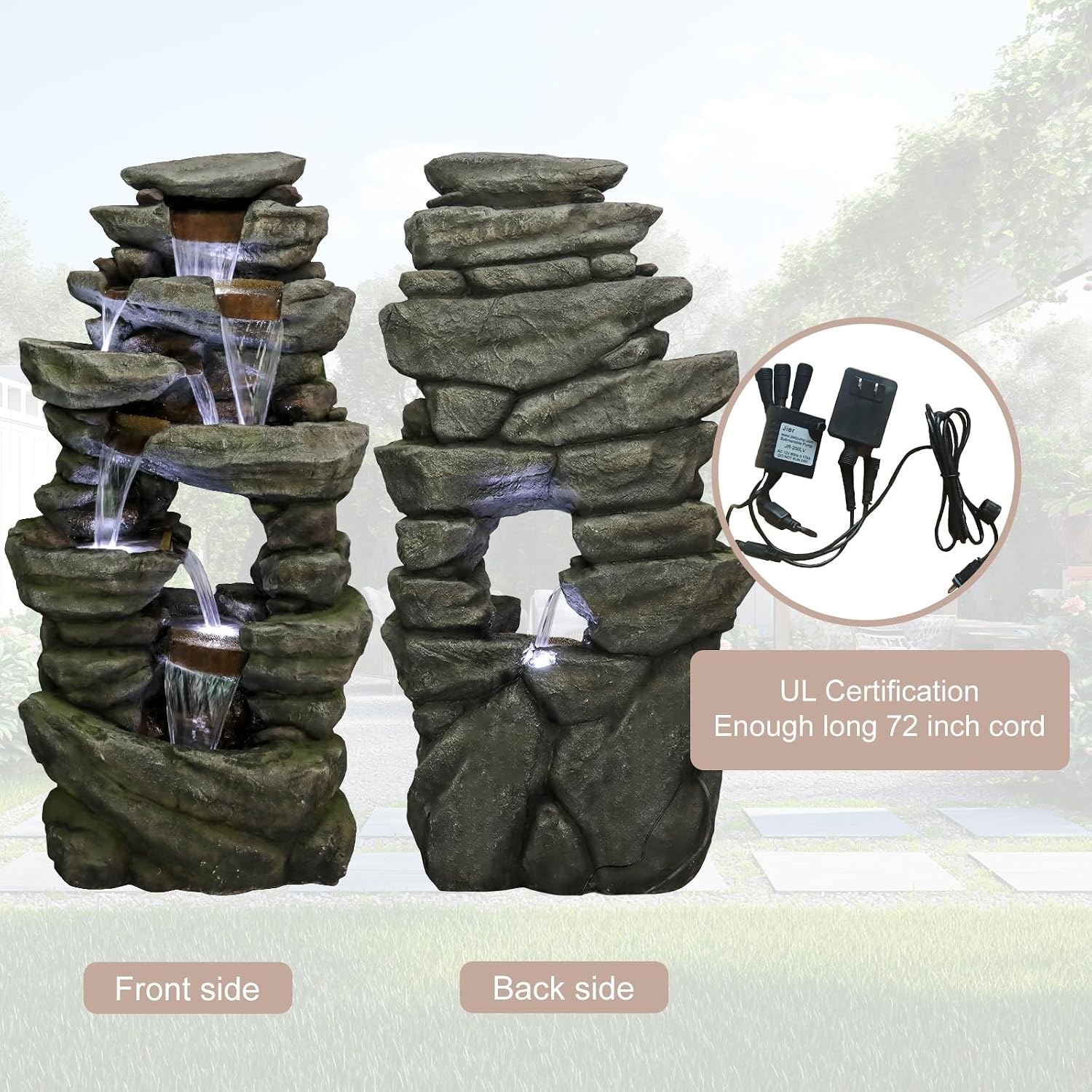 Naturefalls 60' High Outdoor Rock Water Fountain with LED Lights - Mutil-Tiers Poly-Resin Cascading Waterfall Fountain for Garden, Patio, Yard, Home Decor