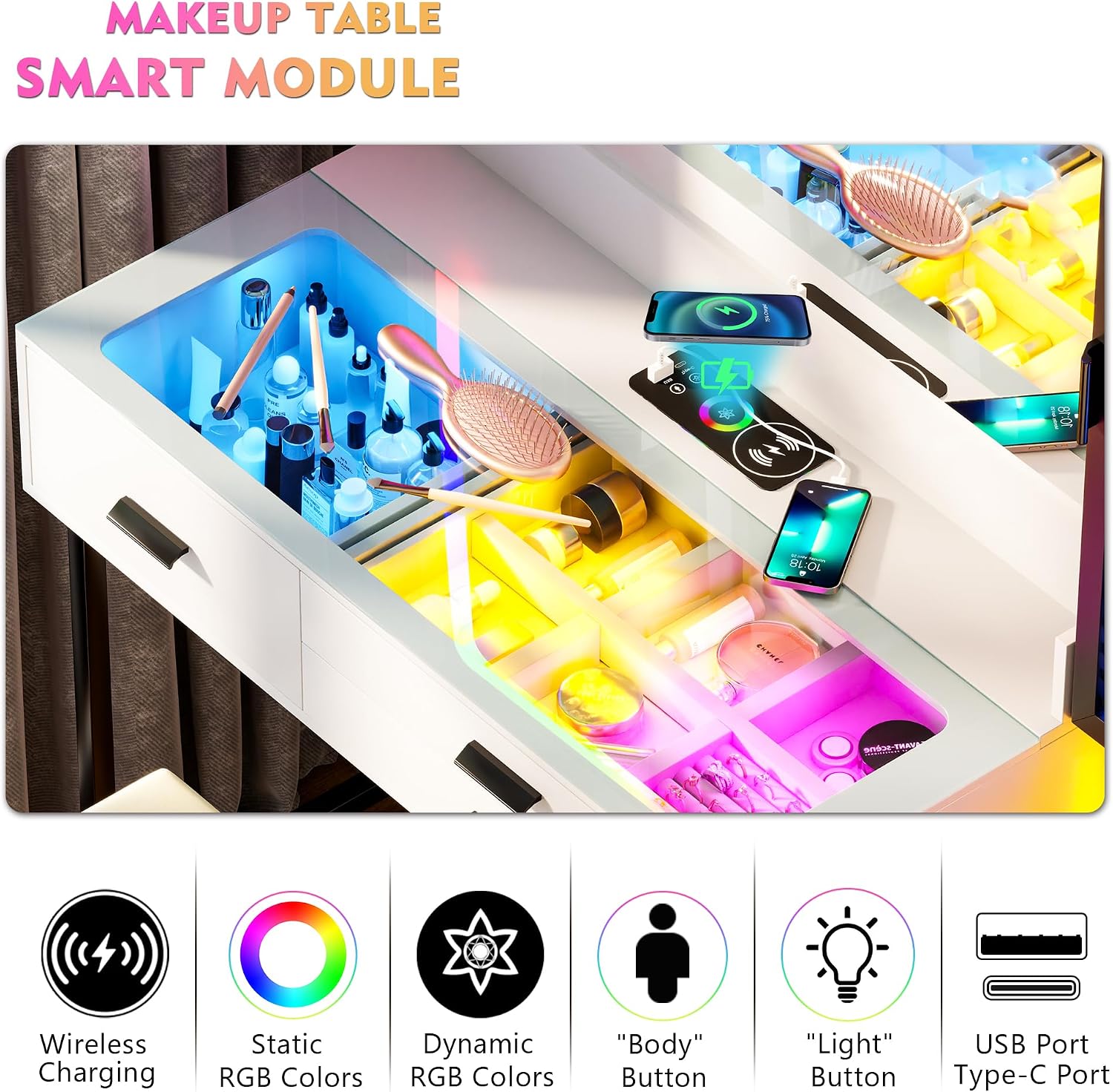 Lvifur RGB Vanity Desk - with Mirror and Lights,7 Dynamic & 24 Static Dimmable Vanity Table Set with Charging Station,Human Sensor LED Vanities w/Glass Top,6 Drawers,Stool,White
