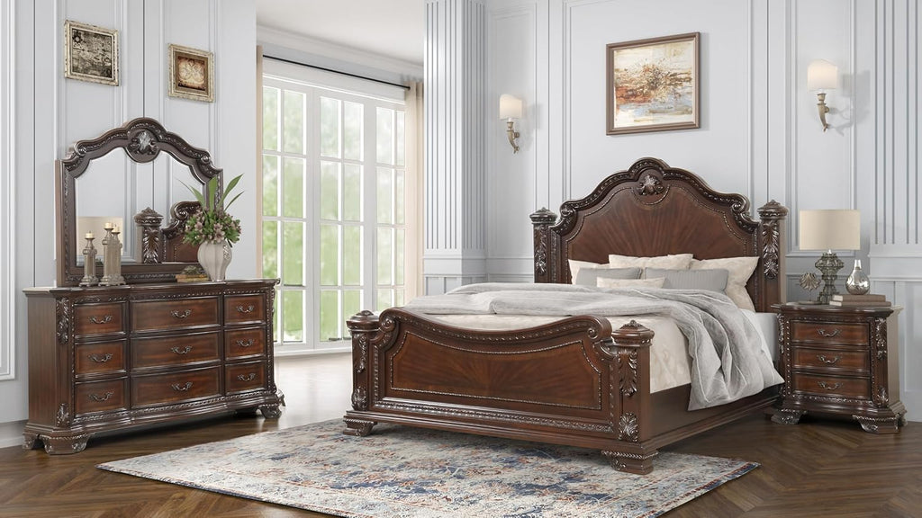 Style 4 Pc King Bedroom Set with Wood Carvings Made with Wood in Walnut
