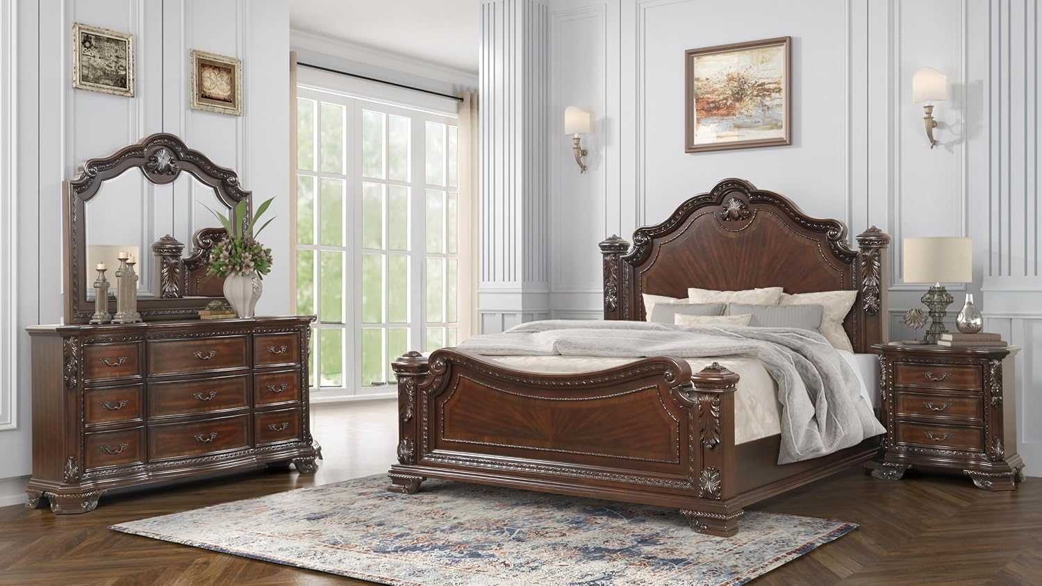 Style 4 Pc King Bedroom Set with Wood Carvings Made with Wood in Walnut