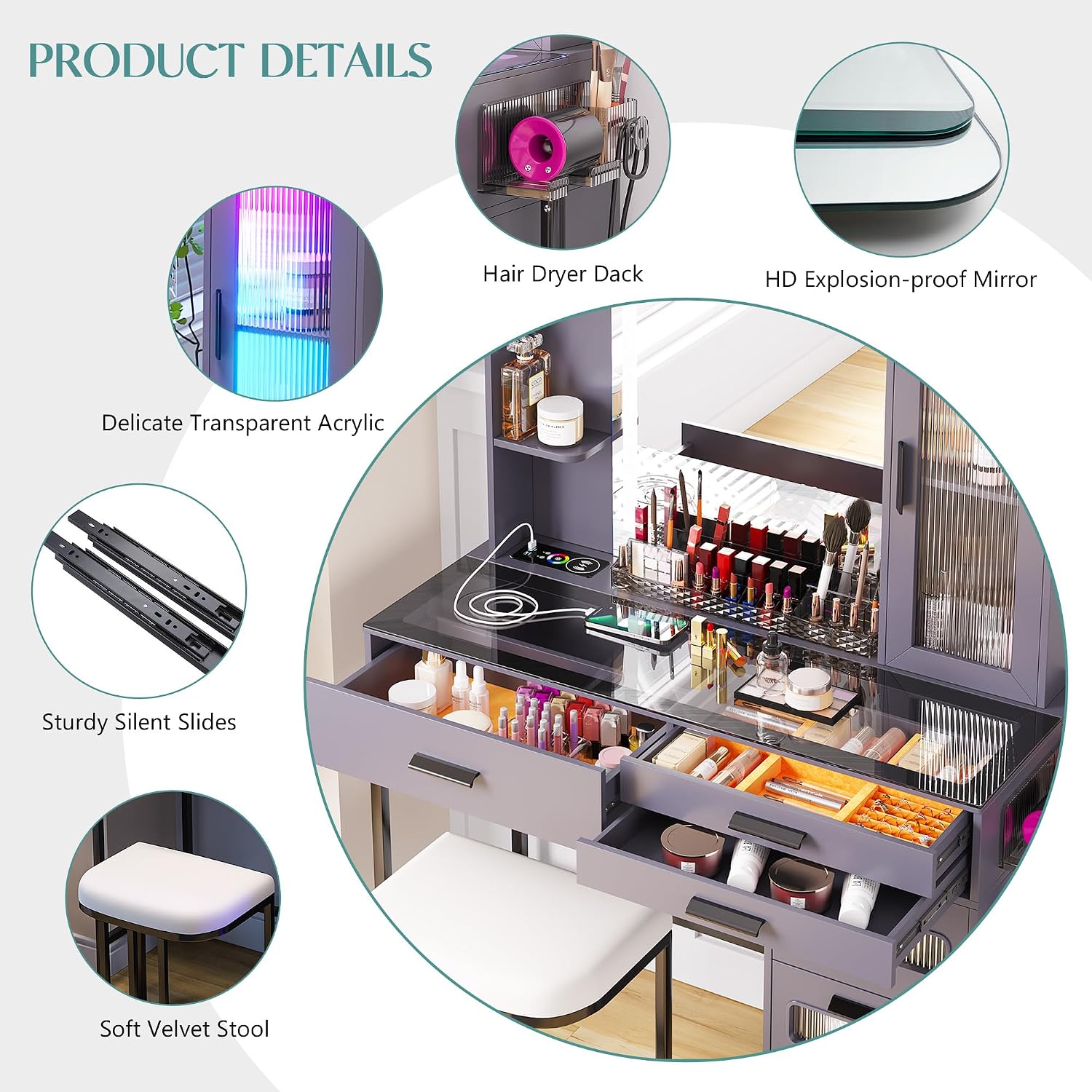 HENBC Vanity with Mirror and LED Lights, Glass Top Vanity Desk with Charging Station(Wireless+USB+Type-C), RGB Makeup Table Set with Stool/Makeup Organizer/6 Drawers for Bedroom (Grey)