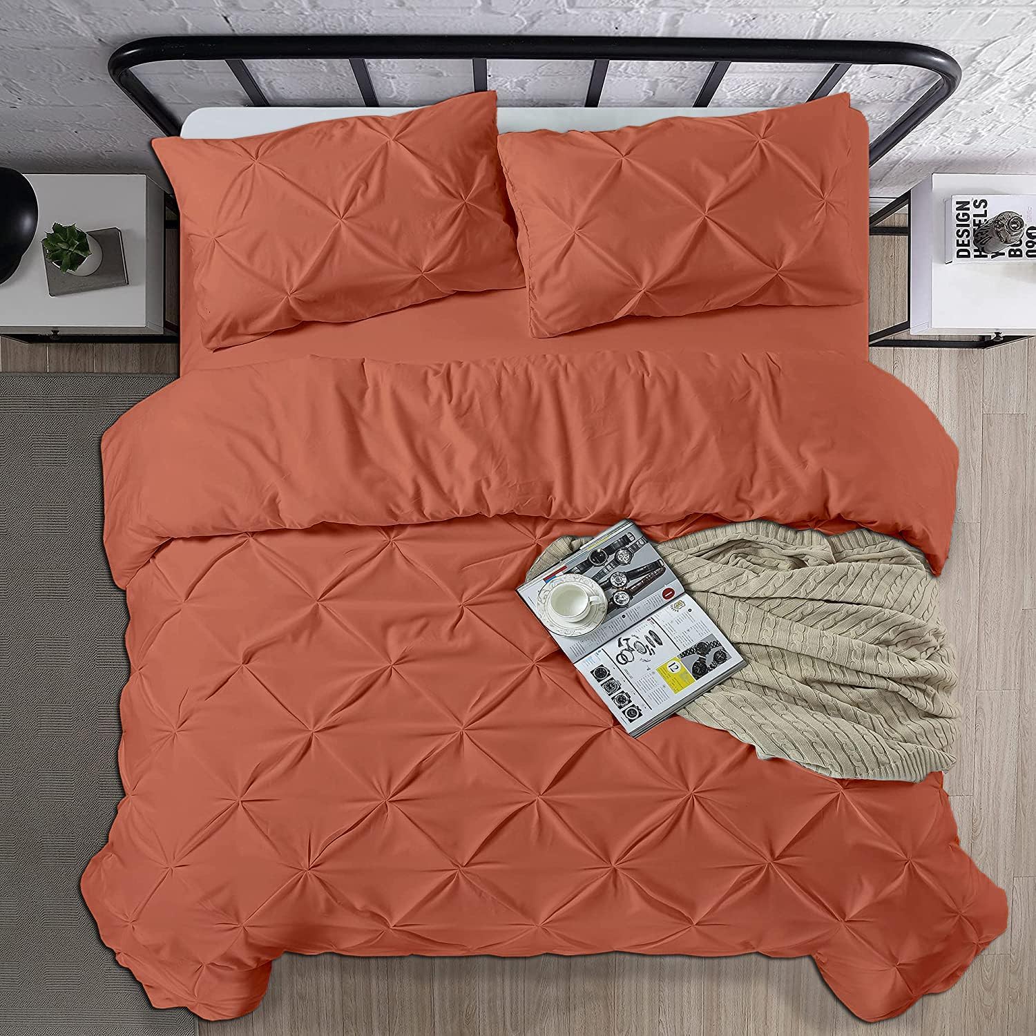 Crown Collection 1000-TC Hypoallergenic Ultra Soft Design 100% Egyptian Cotton Pinch Plated Duvet Cover with Zipper Colser & 2pcs Pillow Case Set (Super King Plus 120X120, Burnt Orange)