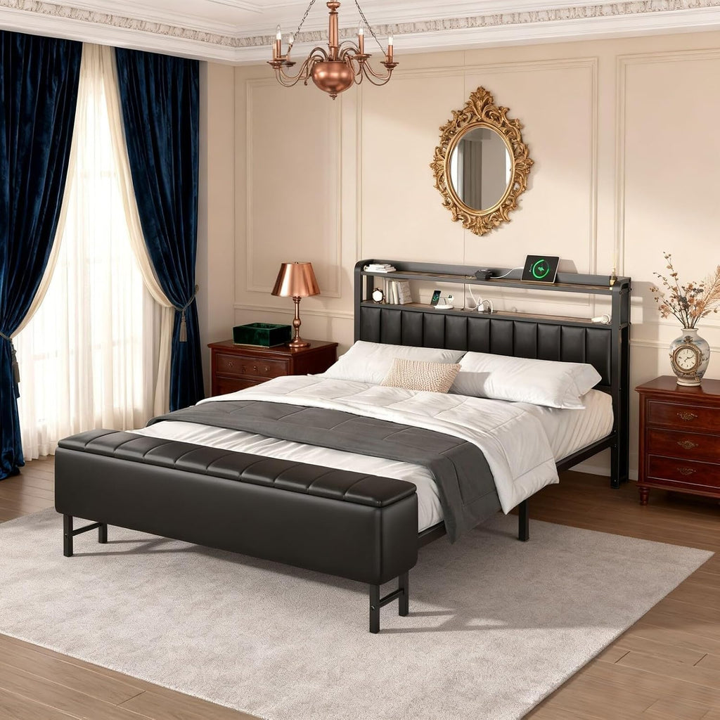 LOEWAY Full Size Bed Frame with Headboard & Star Projector, Upholstered Metal Frame with Charging Station, Heavy Duty Bed Frame with Storage Ottoman, Noise-Free, No Box Spring Needed, Black/