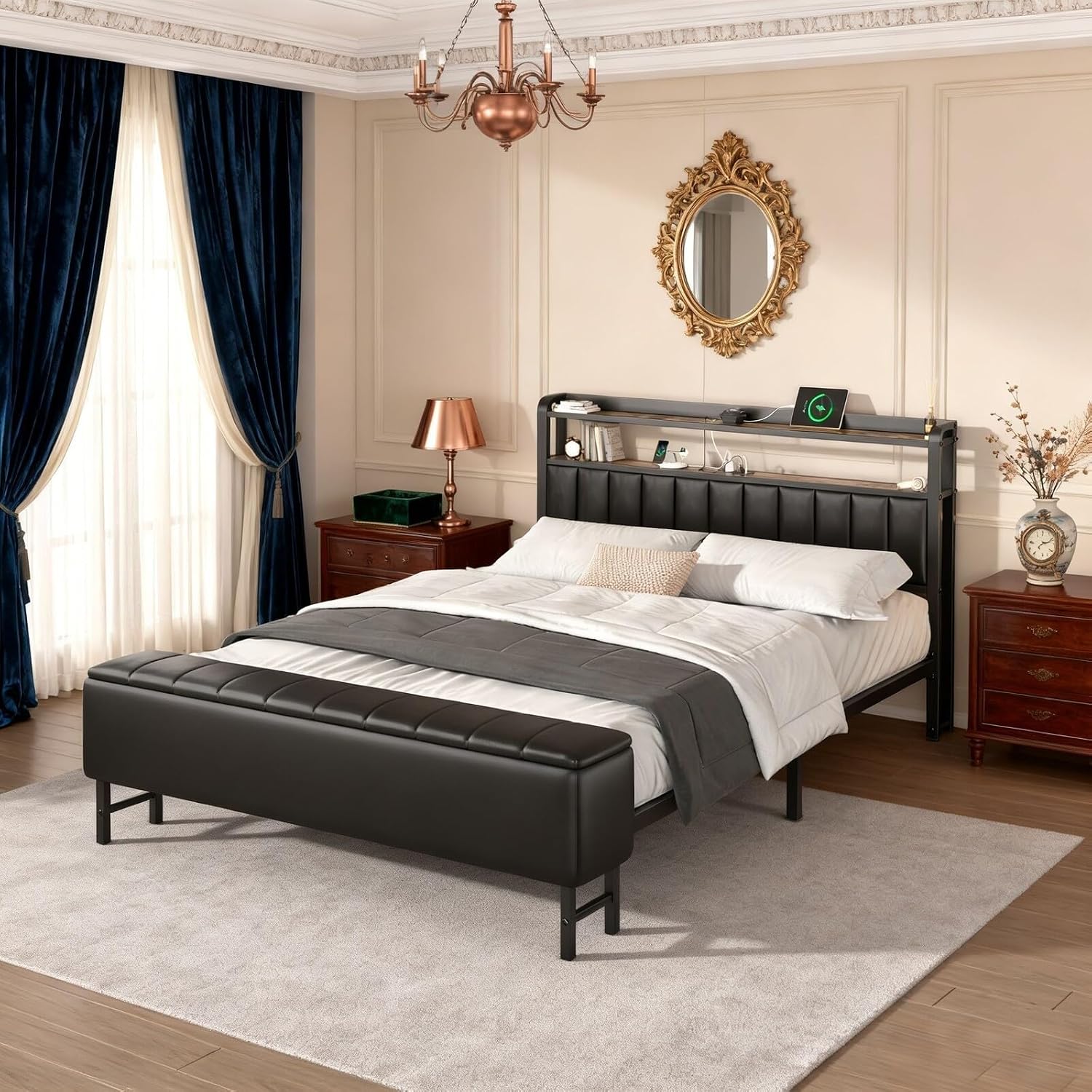 LOEWAY Queen Bed Frame with Headboard and Star Projector, Upholstered Metal Frame with Charging Station, Heavy Duty with Storage Ottoman, Noise-Free, No Box Spring Required, Black
