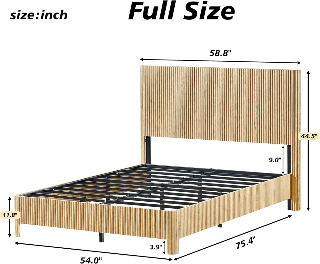 Full Size Wood Bed Frame with Headboard, Modern Retro Walnut Platform Beds Frames, Mid Century Rustic Wooden Bedroom Floor-BedFrame, No Box Spring Needed, Easy Assembly (Oak, Full, Metal Base)