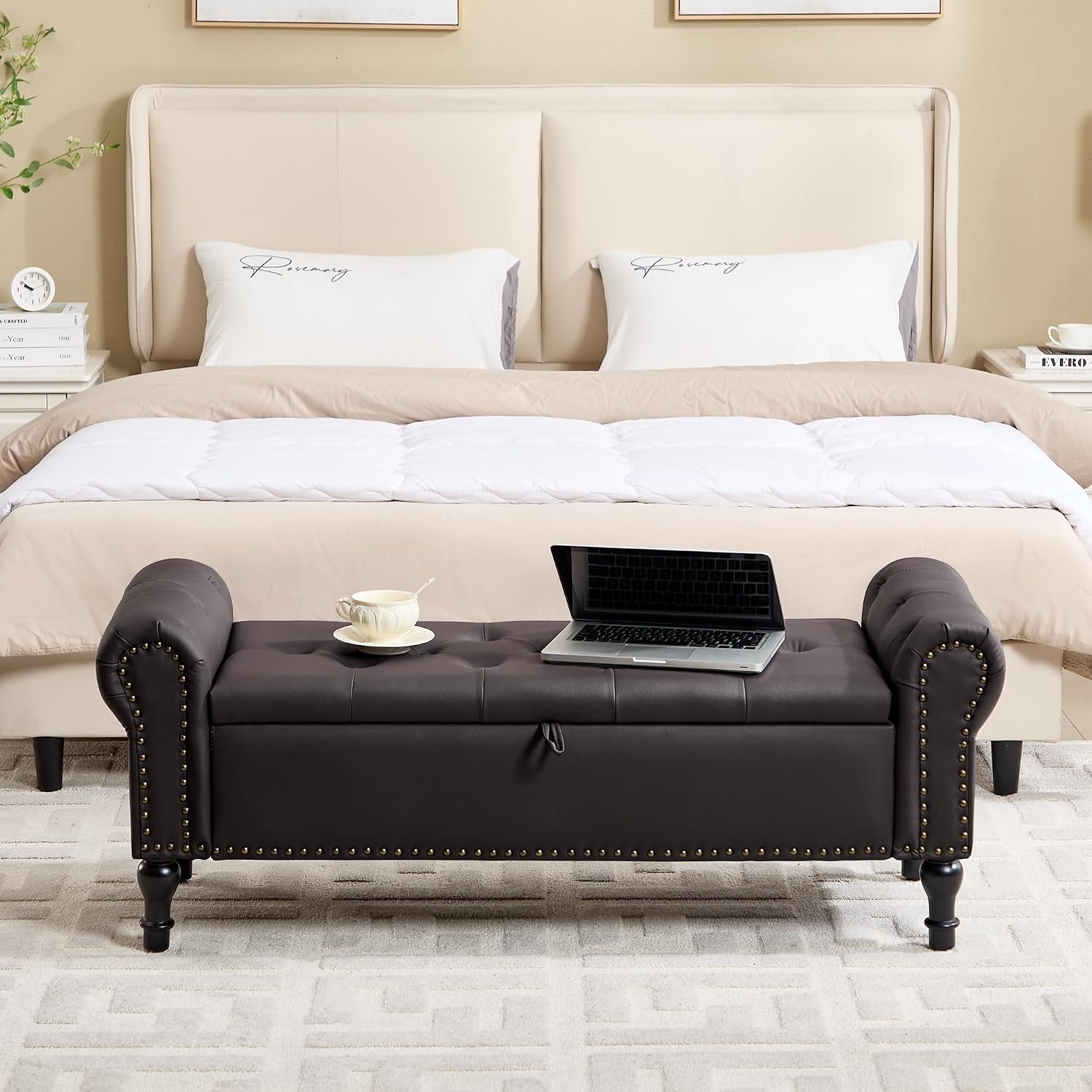 51' Storage Bench for Bedroom, Faux Leather End of Bed Bench, Queen Size Bench with Rolled Arms, Tufted Storage Ottoman Benches, Upholstered Bench for Bedroom, Living Room, Entryway, Dark Brown