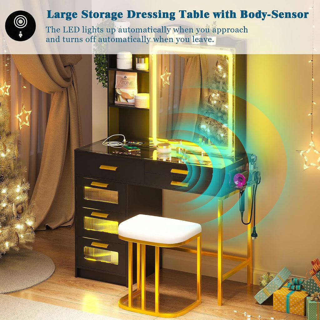 WOOVIVS Vanity with LED Mirror, Makeup Desk with Charging Station for Bedroom, Vanities with RGB Lights, Glass Top Vanity Set with Stool,6 Drawers Dressing Table for Girls-Black
