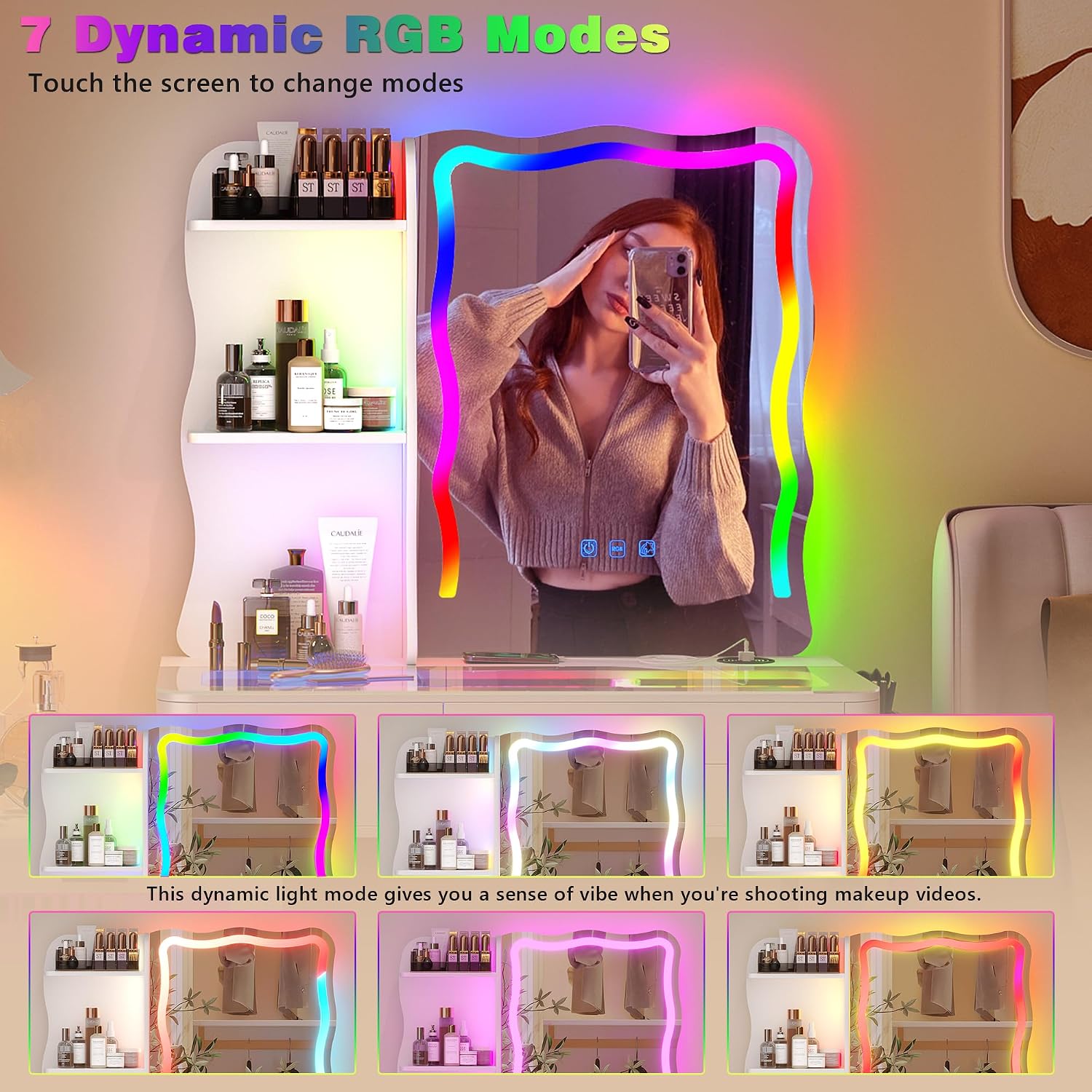 RGB Makeup Vanity Desk with Wireless Charging Station,Vanity Mirror with Lights Desk and Chair,8 Drawers,Stool,7 Dynamic and 7 Static Dimmable Vanity Table with Glass Desktop