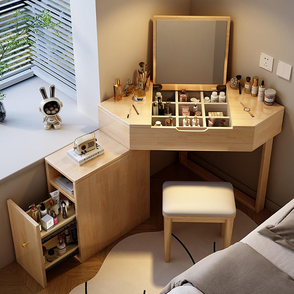 Vanity Desk with Chair, Solid Wood Corner Makeup Vanitys with Flip-Top Mirror, Expandable Storage Cabinet, Interchangeable Left and Right, Dresser with Mirror for Small Spaces(Natural)