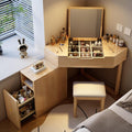 Vanity Desk with Chair, Solid Wood Corner Makeup Vanitys with Flip-Top Mirror, Expandable Storage Cabinet, Interchangeable Left and Right, Dresser with Mirror for Small Spaces(Natural)
