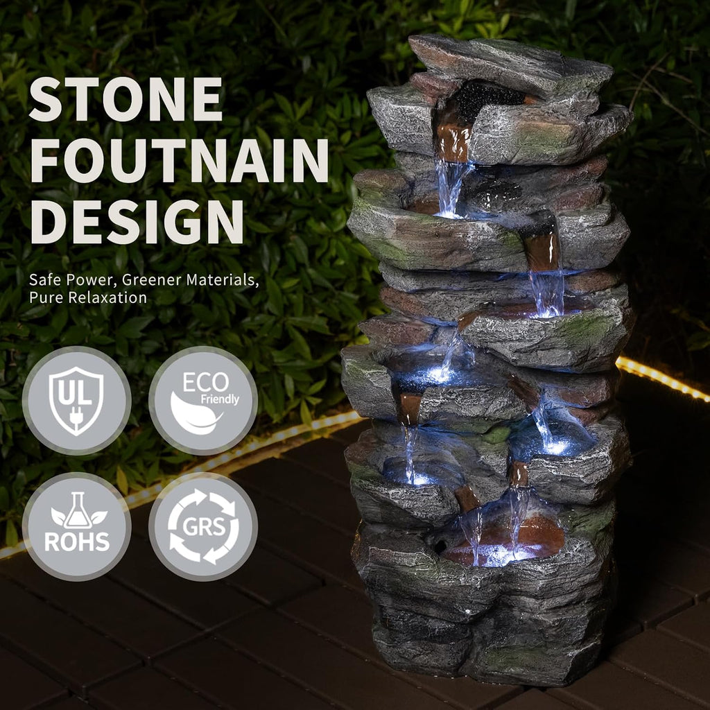 Outdoor Rock Waterfall Fountain with LED Lights, Multi-Tier Stacked Stone Style, Garden Patio Decor