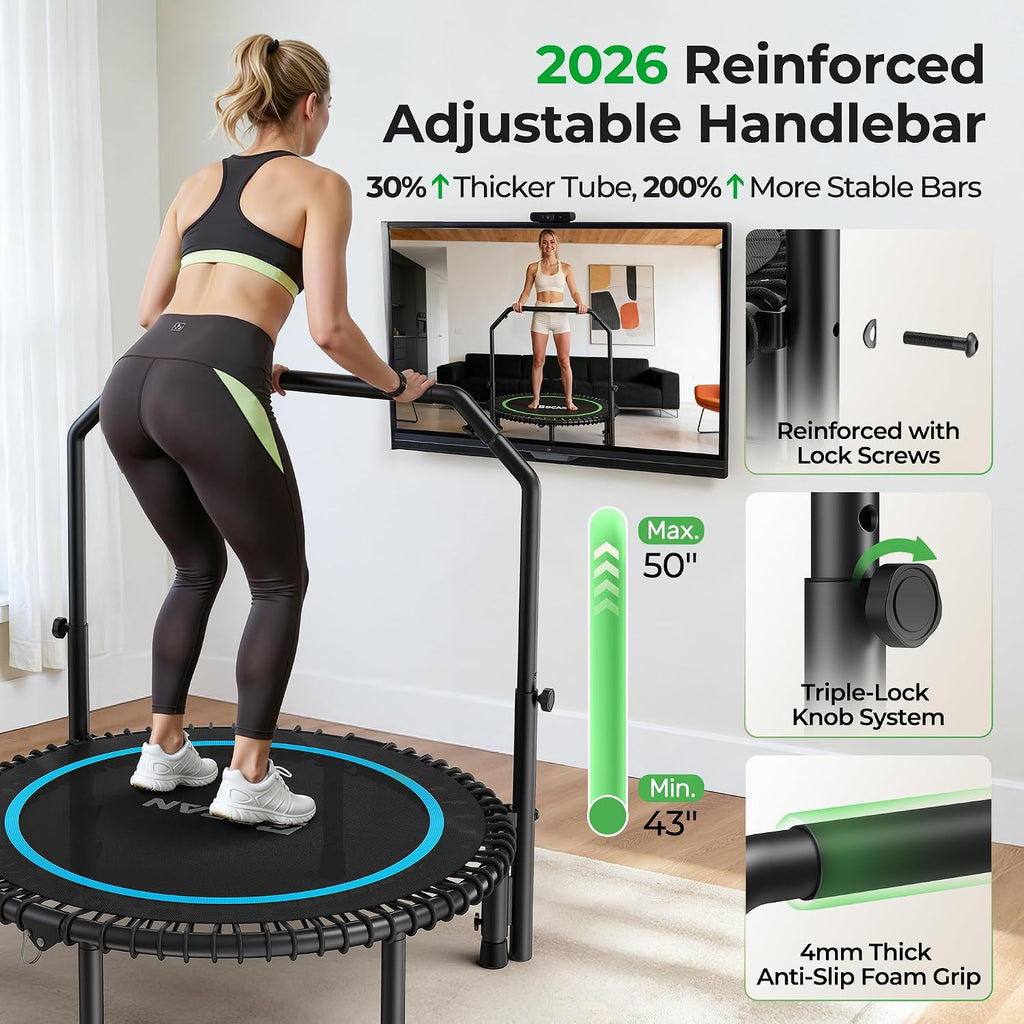 BCAN BT2 450/550LBS Mini Rebounder Trampoline for Adults with Bar, Fitness Trampoline with Bungees, Adjustable Handle, Stable & Quiet, Indoor Outdoor, Whole-Body Workout & Relaxation at Home-40IN/48IN