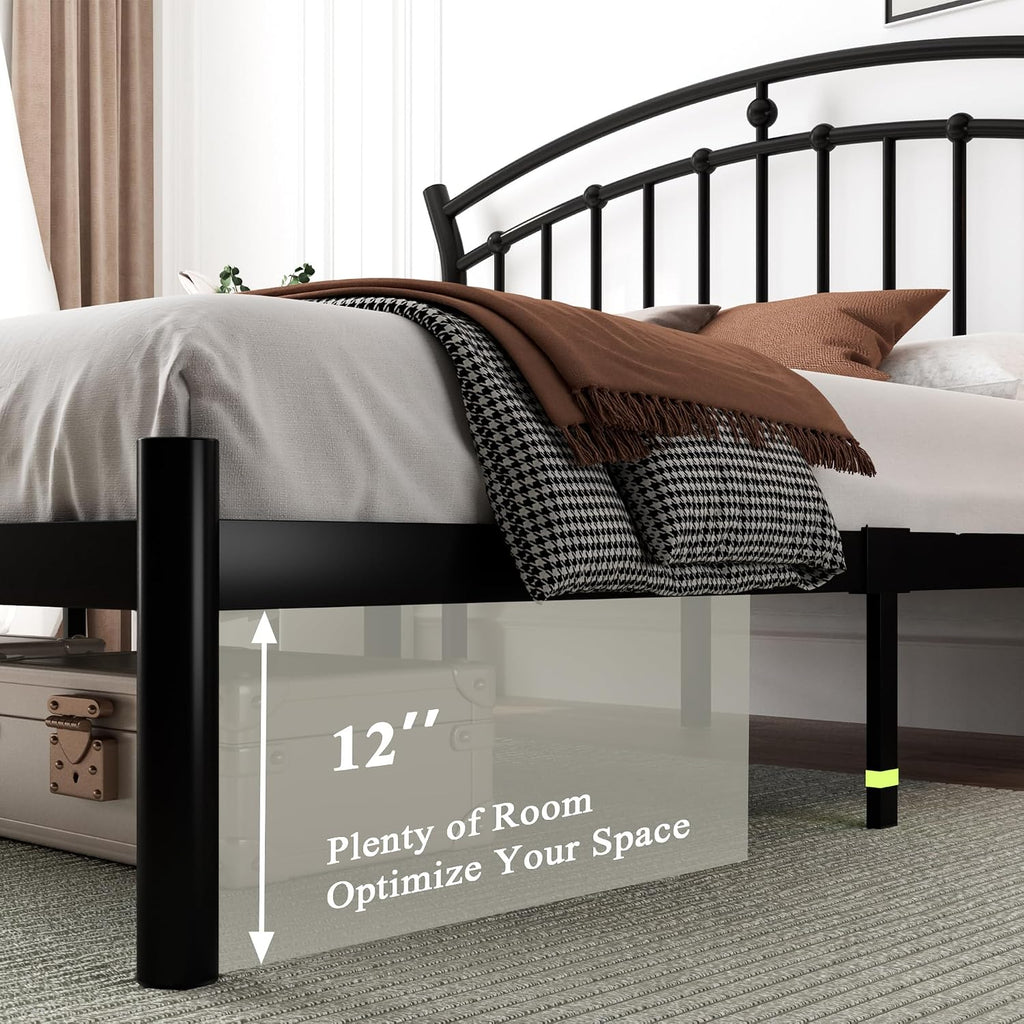 Feonase Queen Black Bed Frame, Heavy-Duty Metal Bed Frame with 13 Hardened Steel Slats, 12' Under-Bed Storage, Noise-Free, Easy Assembly