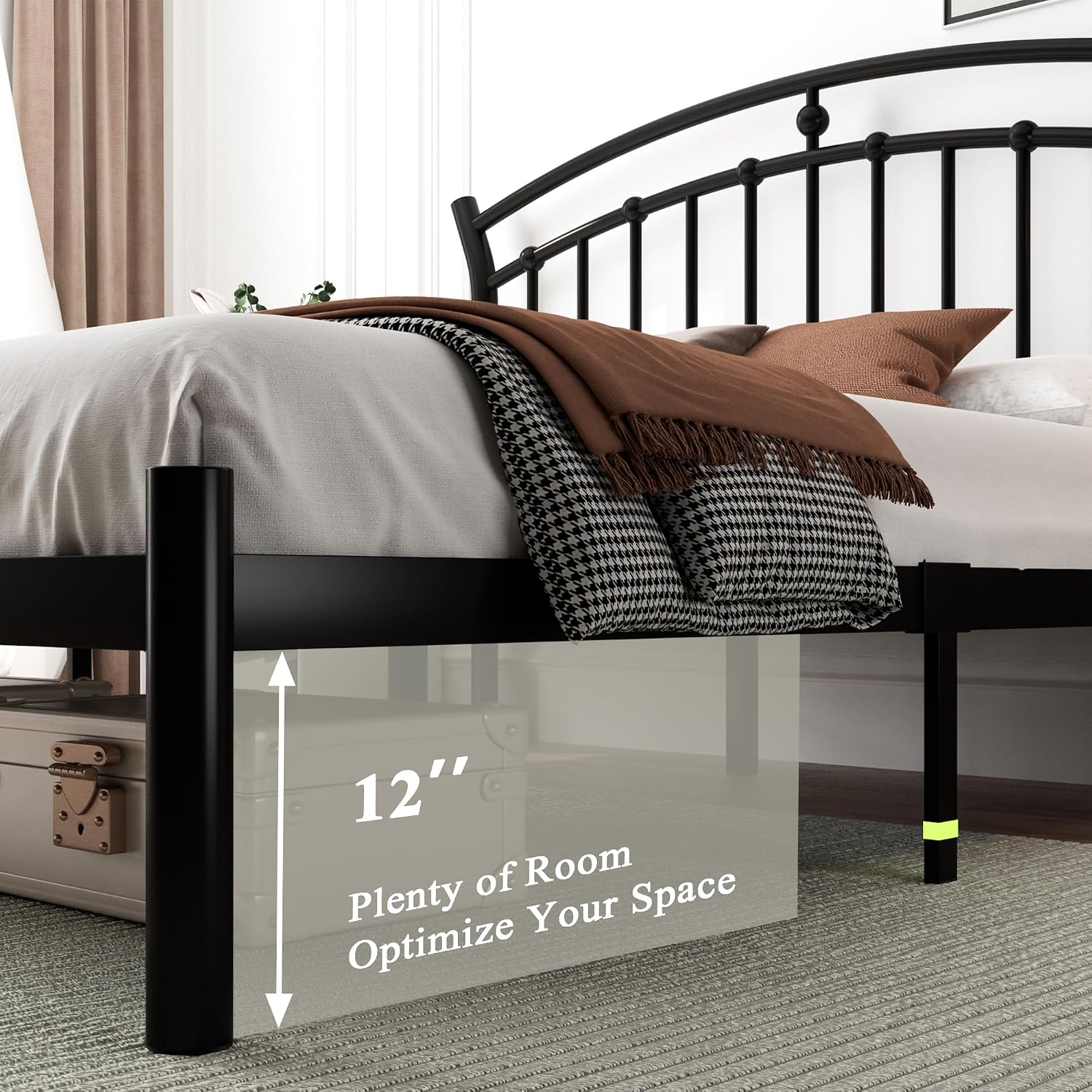 Feonase Queen Black Bed Frame, Heavy-Duty Metal Bed Frame with 13 Hardened Steel Slats, 12' Under-Bed Storage, Noise-Free, Easy Assembly