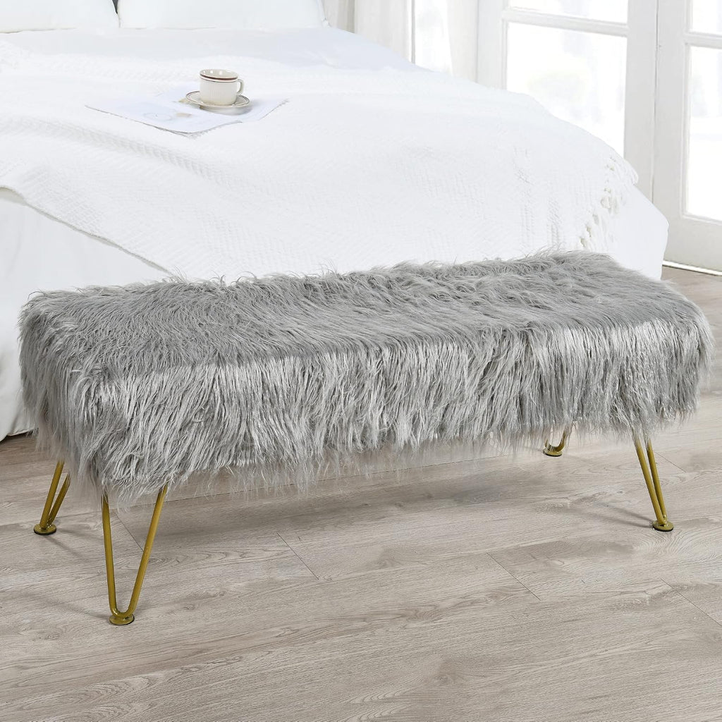 Gray Soft Plush Faux Fur Ottoman Entryway Bench Furry Footrest Stool 46'x16'x17' Sturdy Accent Long Bench for Bedroom End of Bed Closet Vanity Fuzzy Coffee Table Living Room Ottoman Gold Legs