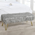 Gray Soft Plush Faux Fur Ottoman Entryway Bench Furry Footrest Stool 46'x16'x17' Sturdy Accent Long Bench for Bedroom End of Bed Closet Vanity Fuzzy Coffee Table Living Room Ottoman Gold Legs