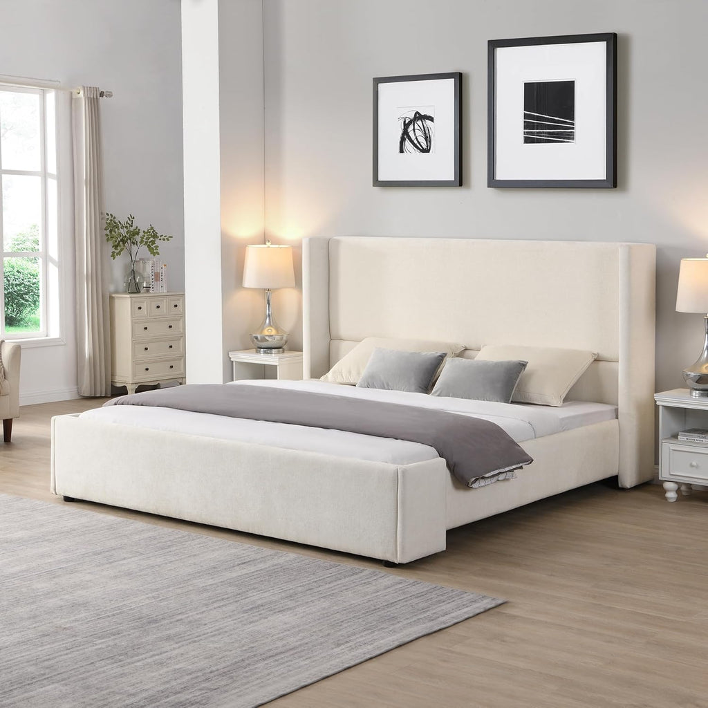 King Size Upholstered Bed Frame with Tall Headboard, Elegant White Fabric Platform Bed, Sturdy Wood Slats Support, No Box Spring Needed, Modern Bedroom, King, White