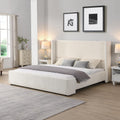 King Size Upholstered Bed Frame with Tall Headboard, Elegant White Fabric Platform Bed, Sturdy Wood Slats Support, No Box Spring Needed, Modern Bedroom, King, White