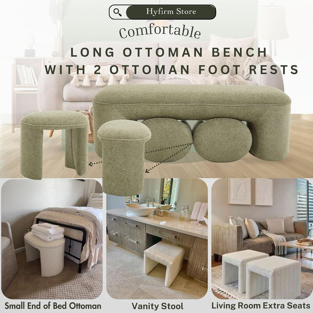 Hyfirm 3-Piece Nesting Upholstered Bench with 2 Stools, 53' Chenille Accent Waterfall Bench Modern End of Bed Entryway Bench Bedroom Bench for Living Room Vanity, Green, No Need to Install
