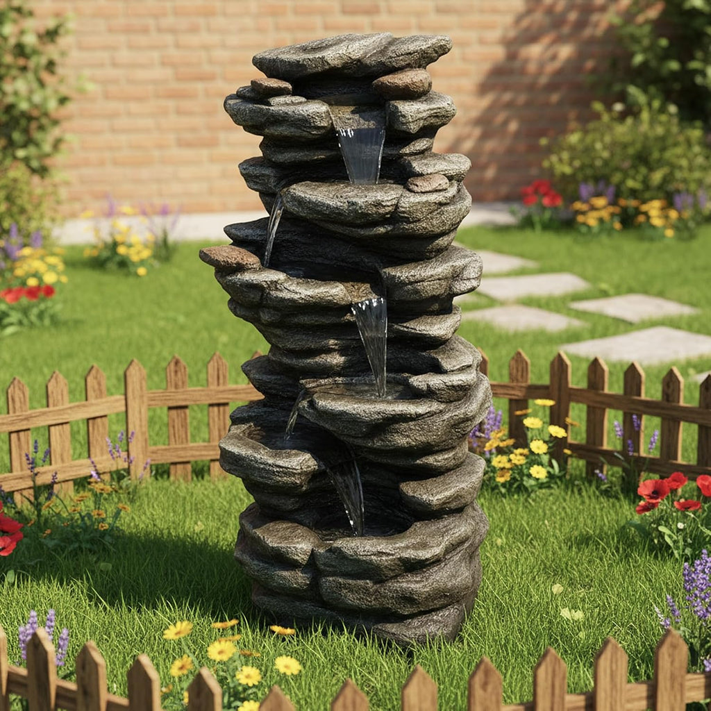 Naturefalls 40inches High Outdoor Rock Water Fountain with LED Lights - 6-Tiers Poly-Resin Cascading Waterfall Fountain for Garden, Patio, Yard, Home Decor
