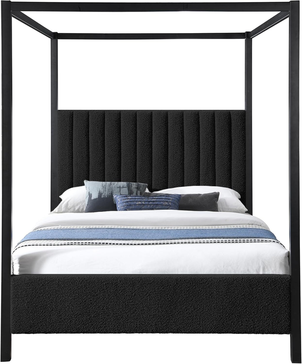 Meridian Furniture KellyBlack-Q Kelly Collection Modern | Contemporary Queen Bed with Rich Black Boucle Fabric, Matte Black Iron Metal Frame Canopy, 62.5' W x 84.5' D x 77' H, Black, Queen