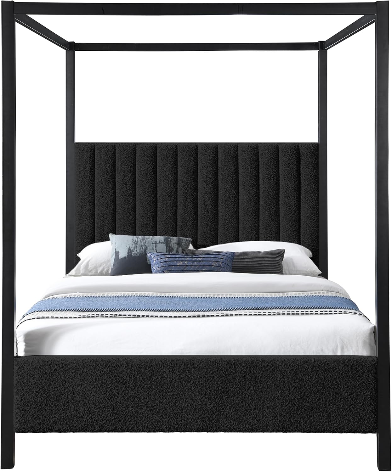 Meridian Furniture KellyBlack-Q Kelly Collection Modern | Contemporary Queen Bed with Rich Black Boucle Fabric, Matte Black Iron Metal Frame Canopy, 62.5' W x 84.5' D x 77' H, Black, Queen