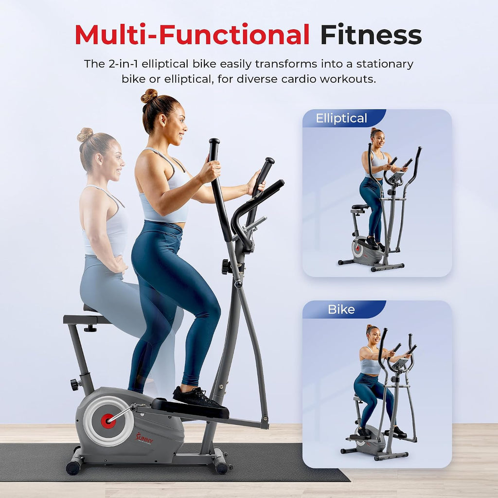 Sunny Health & Fitness Elliptical and Bike Exercise Machine, Ultra Silent Adjustable Resistance Levels Cross Trainer for Home Gym with Pulse Rate Grips, LCD Monitor via Bluetooth SunnyFit App Access