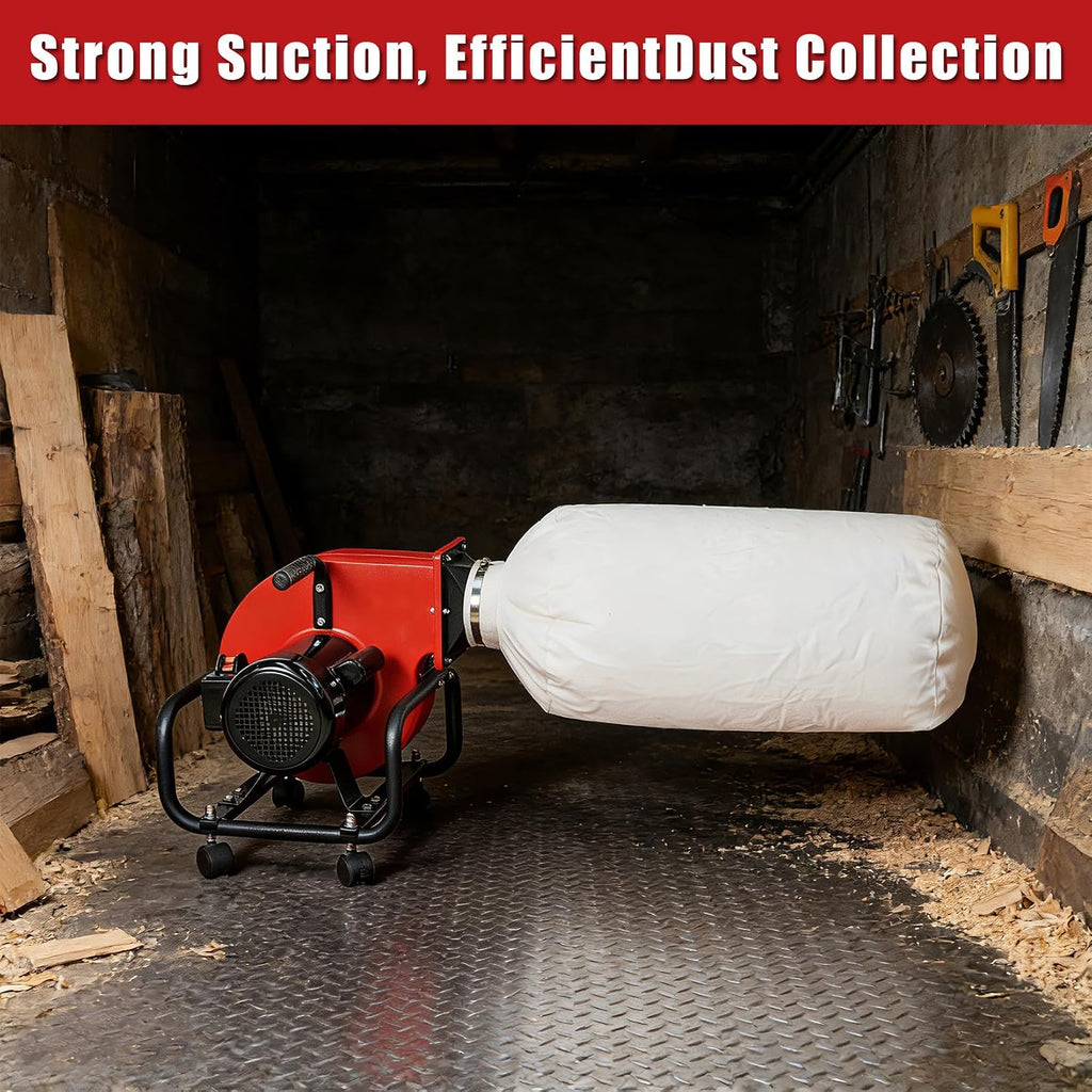 Horizontal Woodworking Dust Collector 750W (1HP) Electric Dust Extraction Machine with 15-Gallon Bag, Mobile Base, Wall Mount for Efficient Workshop and Garage Cleanup