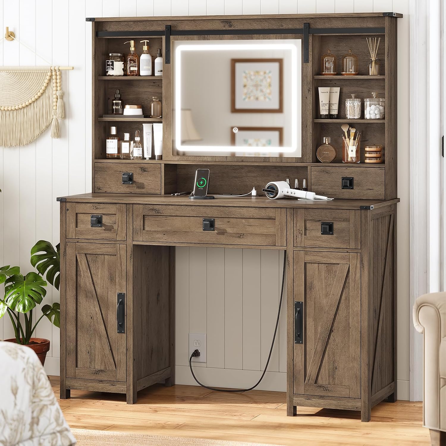 AOGLLATI Farmhouse Makeup Vanity Desk with Lights & Charging Station,Vanity Desk with Mirror and Lights, 47.2' Large Brown Vanity Table with Ample Storage Space and Sliding Mirror (Oak Brown)