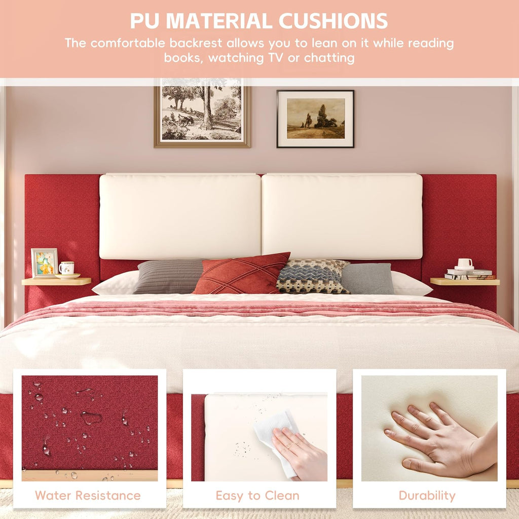 Luxury Bed Frame with Nightstands Modern Bedroom Set, Red Queen Size Floor Platform Bed with Oversize Soft Upholstered Tall Headboard Bedframe, No Box Spring Needed (Red, Queen)