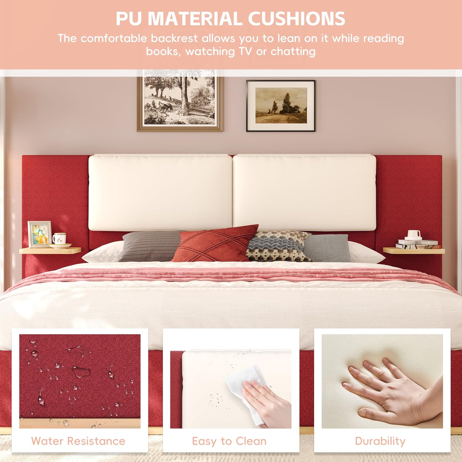 Luxury Bed Frame with Nightstands Modern Bedroom Set, Red Queen Size Floor Platform Bed with Oversize Soft Upholstered Tall Headboard Bedframe, No Box Spring Needed (Red, Queen)