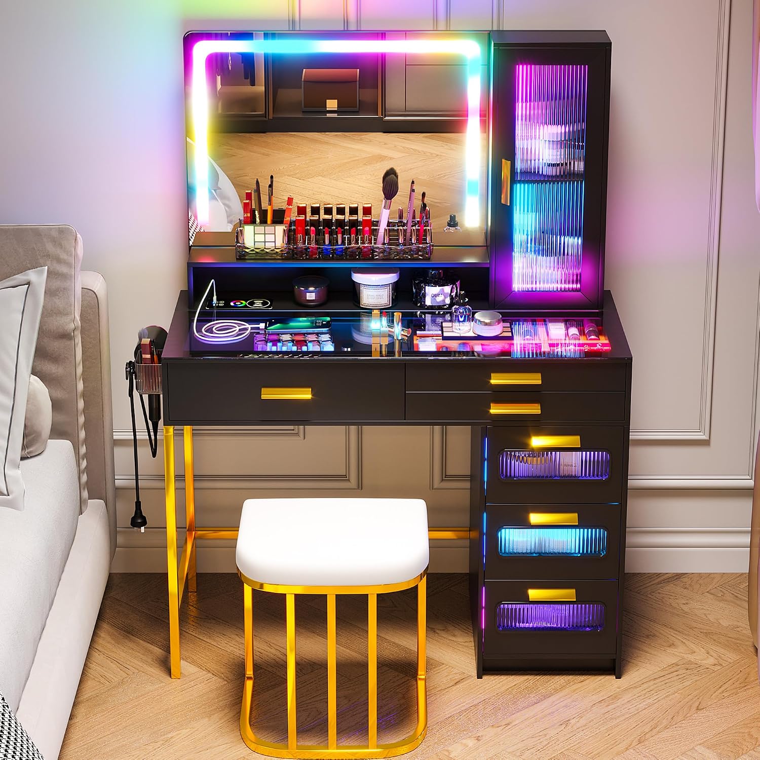 HENBC Vanity with Mirror and LED Lights, Glass Top Vanity Desk with Charging Station(Wireless+USB+Type-C), RGB Makeup Table Set with Stool/Makeup Organizer/6 Drawers for Bedroom,Black